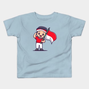 Cute Boy Holding Indonesian Flag Cartoon Kids T-Shirt